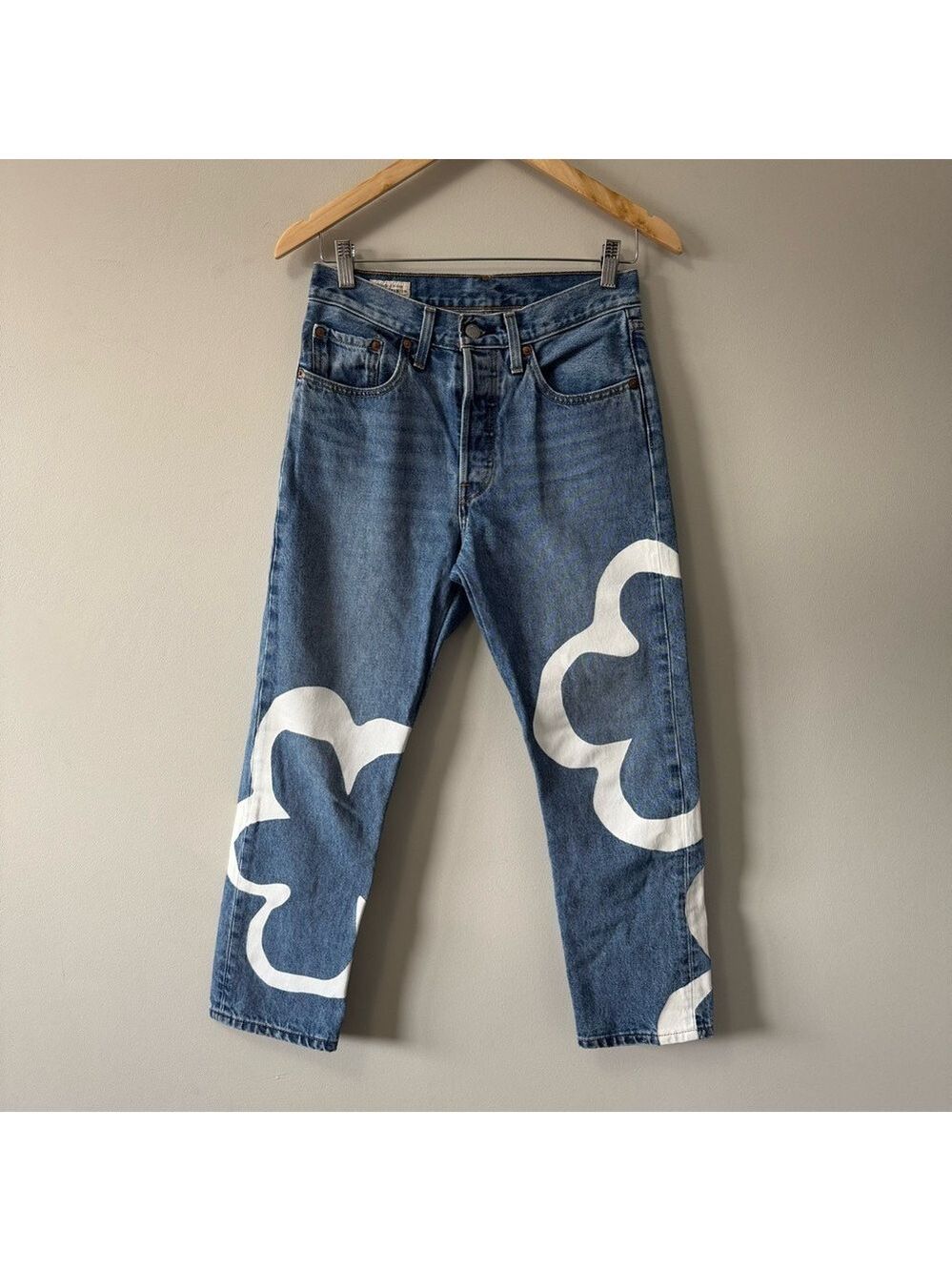 Levi's 501 Premium Medium Blue Cropped Jeans with White Cloud Prints